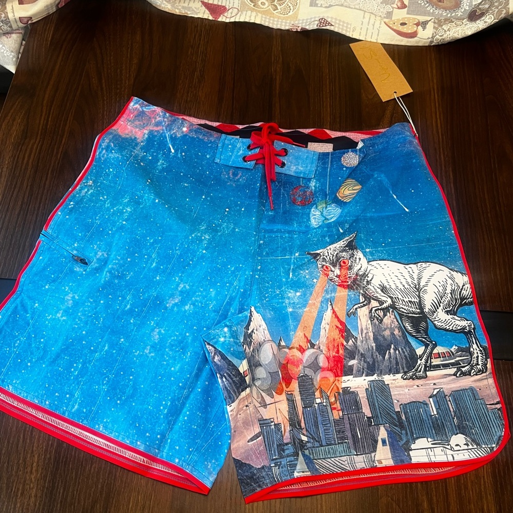 SALE!! Niyama Sol Blue and Red Swim Shorts Vibrant Design size 33 NWT